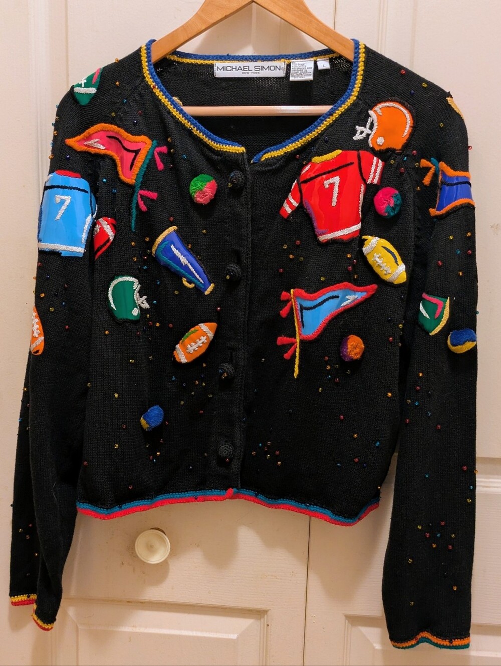 VintageMichael Simon Black Football Cardigan with Multicolor Beads Size Large